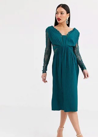 Бирюзовое плиссированное платье миди с длинными рукавами и кружевом ASOS DESIGN Tall-Зеленый