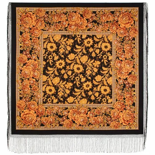 Платок Павловопосадская платочная мануфактура,148х148 см, коричневый, черный