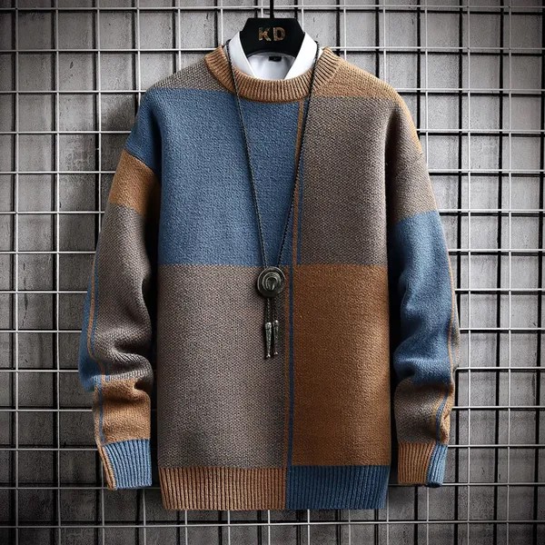 Зимний красивый мужской свитер в клетку в стиле Харадзюку, толстый теплый пуловер с высоким воротником, высококачественные мужские Рождест...