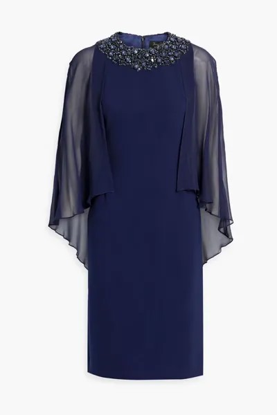 Платье из шифона и крепа с эффектом кейпа Jenny Packham, темно-синий