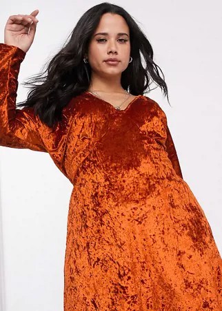 Бархатное платье мини с длинным рукавом и глубоким вырезом ASOS DESIGN Curve-Красный