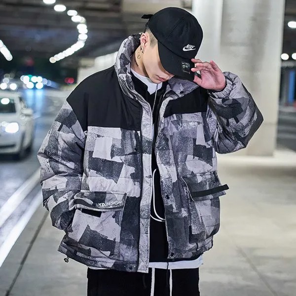 Функциональная уличная одежда мужские зимние пуховики Карго короткие камуфляжные толстые свободные пальто в Корейском стиле на молнии