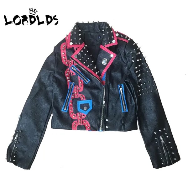 Куртка LORDLDS женская из искусственной кожи, укороченный Байкерский пиджак с шипами в стиле панк, уличная мотоциклетная одежда, черный цвет