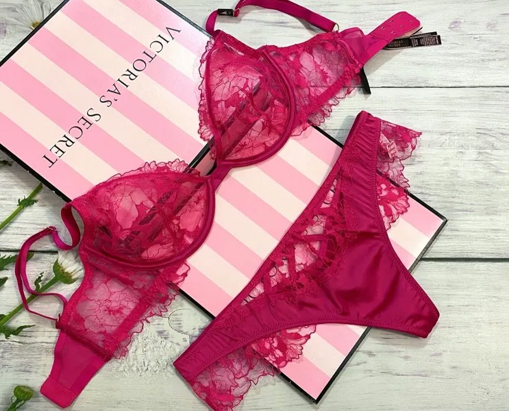 NWT Victorias Secret Luxe Lingerie Без подкладки Бюстгальтер с глубоким вырезом и стринги Кружевной ярко-розовый