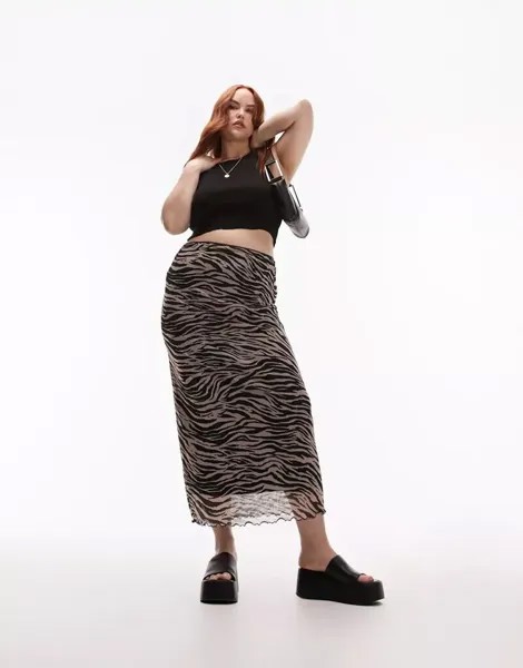 Розовая сетчатая юбка миди в стиле гранж Topshop Curve с розовым кружевом и зебровым принтом