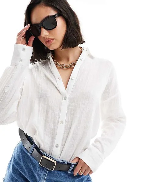 Pull&Bear Белая рубашка оверсайз из искусственного льна с длинными рукавами