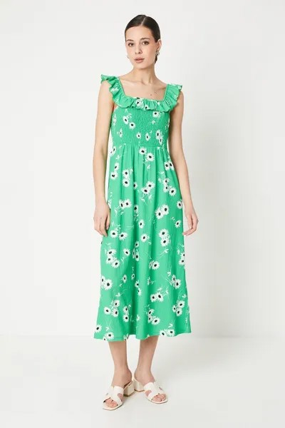 Зеленое платье миди с гофрированным лифом и цветочным принтом Dorothy Perkins, зеленый