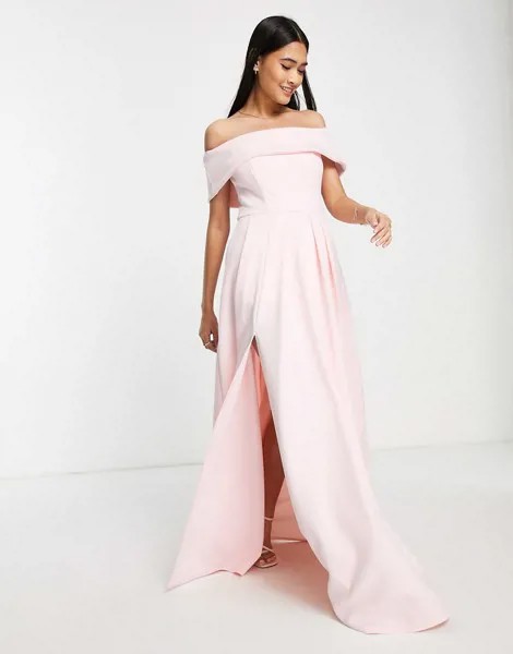 Нежно-розовое платье макси для выпускного с открытыми плечами, разрезом и карманами True Violet Black Label-Розовый цвет