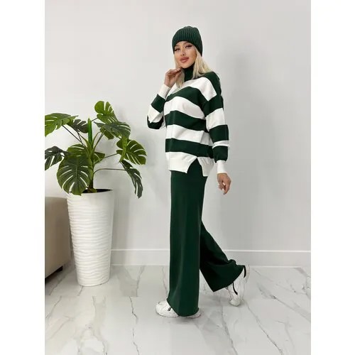 Костюм-тройка, джемпер и брюки, повседневный стиль, свободный силуэт, трикотажный, размер 42-46, зеленый