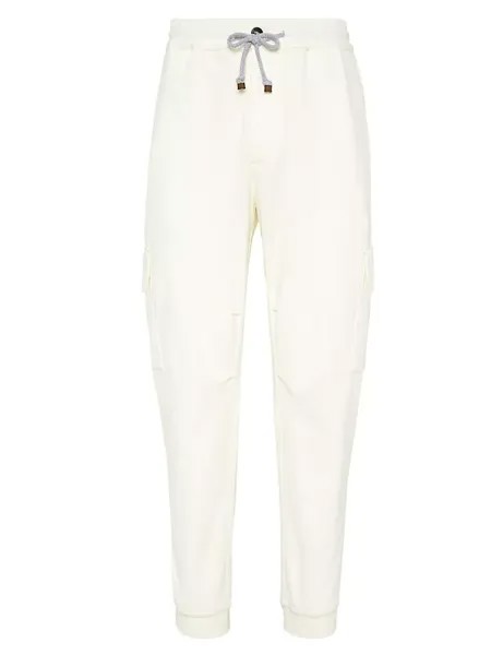 Хлопковые спортивные штаны из френч терри с карманами-карго и эластичными манжетами Brunello Cucinelli, цвет off white