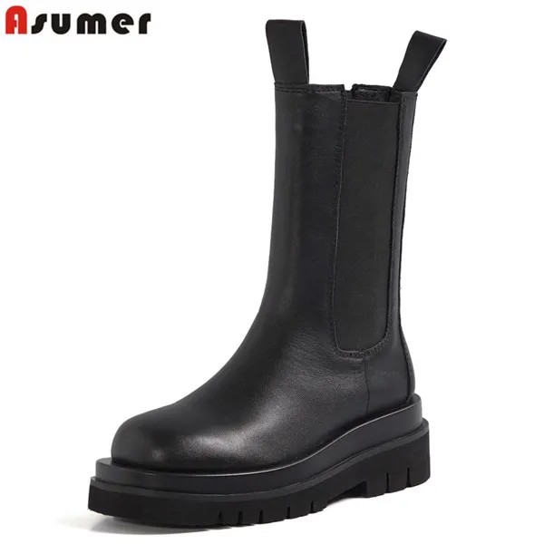 ASUMER/размеры 34-43, 100% натуральная кожа, ботинки из коровьей кожи женские ботинки «Челси» без шнуровки Модные женские ботильоны на платформе