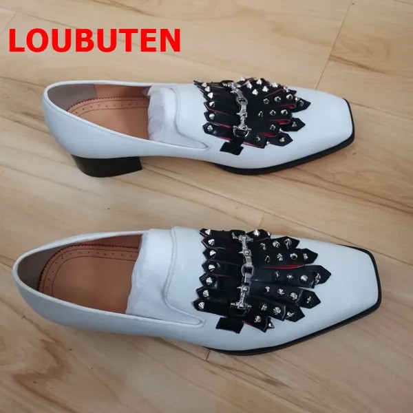 Лоферы LOUBUTEN из натуральной кожи мужские, белые, с черными кисточками, Классическая обувь для вечерние ринки и свадьбы
