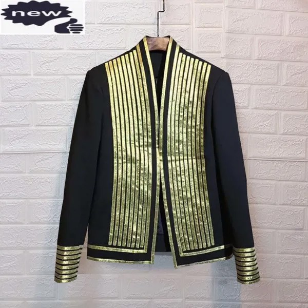 Блейзер мужской короткий с длинным рукавом, приталенный модный пиджак с золотистым ободком, с воротником без воротника, Европейская мода, большие размеры, на осень