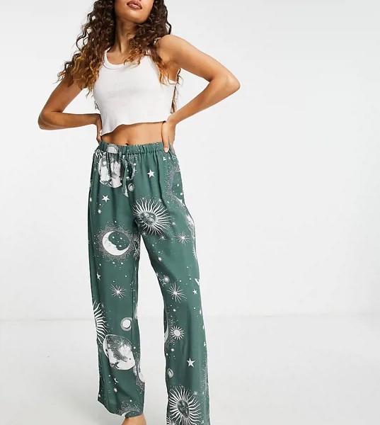 Шалфейно-зеленые пижамные брюки из 100% модала с астрологическим принтом ASOS DESIGN Petite – Выбирай и комбинируй-Зеленый цвет