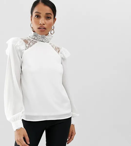 Лонгслив с кружевной отделкой и высоким воротником Fashion Union Petite-Белый
