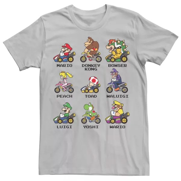 Мужская футболка с именами Nintendo Mario Kart Racers, вид сбоку Licensed Character, серебристый