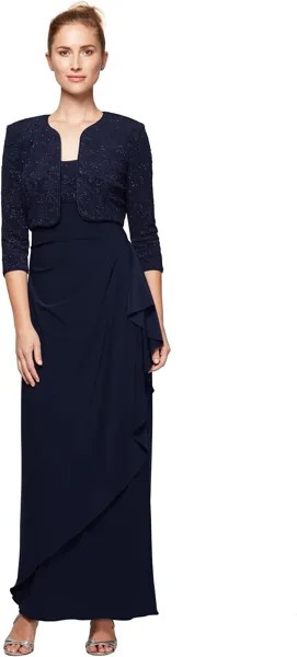 Платье Alex Evenings Two-Piece Long Dress with Jacquard Bolero Jacket, темно-синий