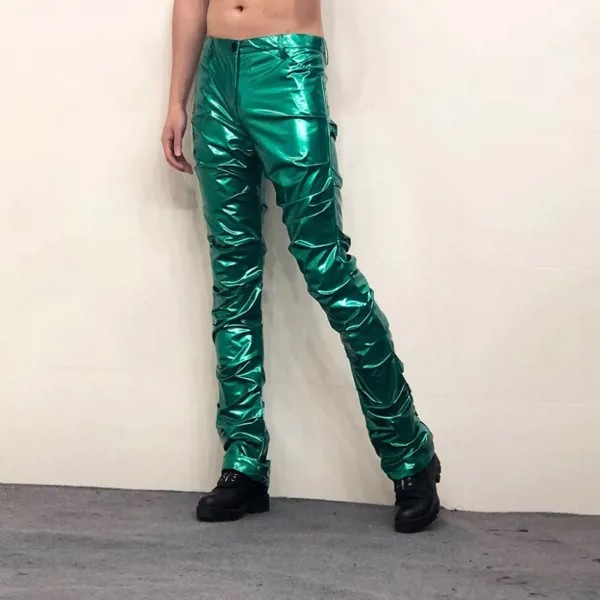 Ночной клуб уличная одежда блестящие сексуальные кожаные брюки мужские костюмы PU расклешенные брюки новые мужские зеленые брюки