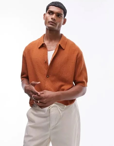 Ржаво-красная текстурированная трикотажная рубашка на пуговицах Topman