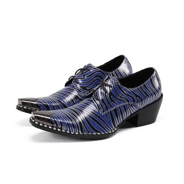Индивидуальные мужские кожаные туфли в синюю полоску на высоком каблуке со шнуровкой Стразы с резиновой подошвой для парикмахеров