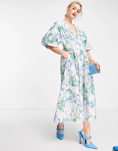 Платье миди с плиссированной отделкой на талии, объемными рукавами и цветочным принтом ASOS EDITION-Разноцветный