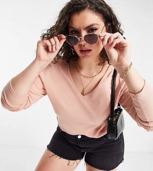 Розовый лонгслив с V-образным вырезом River Island Plus