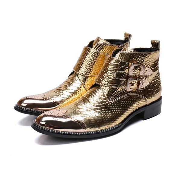Золотые блестящие лакированные кожаные ботинки на высоком каблуке с острым носком и металлической пряжкой, мужские ботинки, модная деловая...