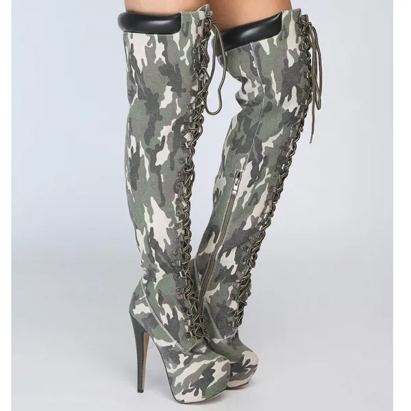 Женские камуфляжные Сапоги выше колена, сапоги до колена с острым носком, на высоком каблуке, на шнуровке, ботинки на платформе армейского зеленого цвета для женщин
