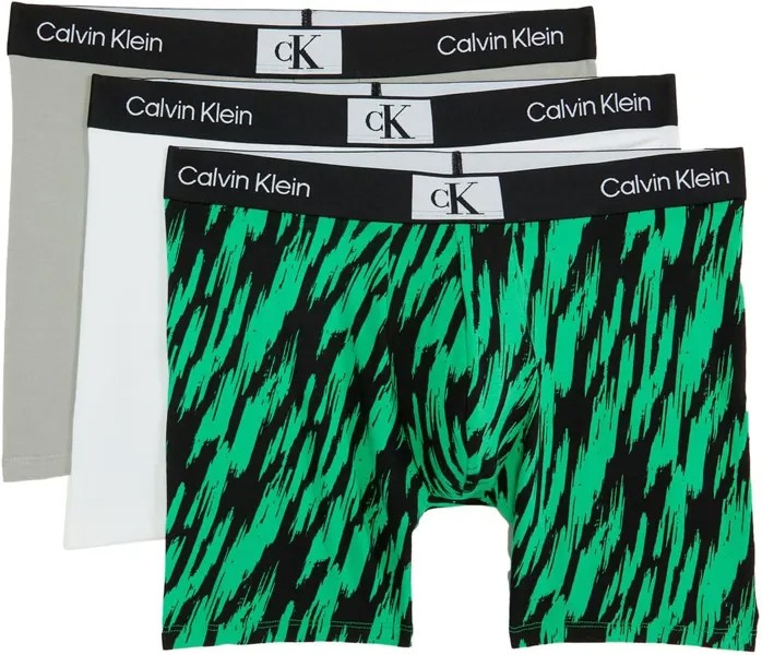 Боксеры Calvin Klein 1996 Cotton Boxer Brief 3-Pack, цвет White/Authentic Grey/Tiger Print/Island Green