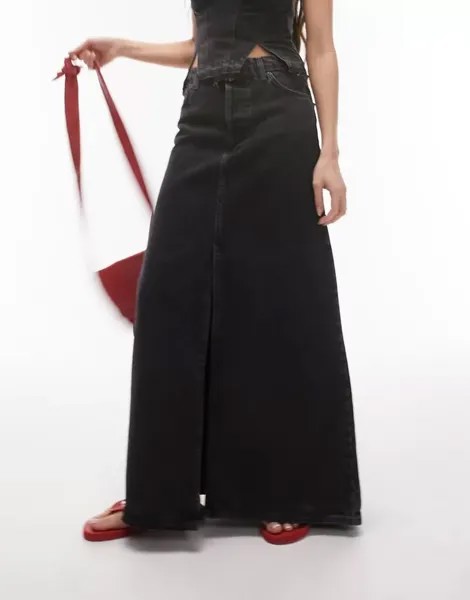 Черная джинсовая юбка макси с заниженной талией Topshop