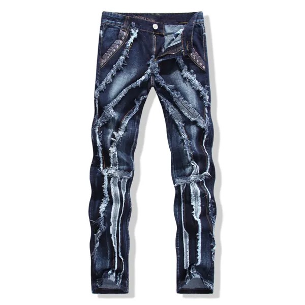 Мужские модные джинсовые брюки в стиле пэчворк, высококачественные облегающие синие джинсы с заклепками, уличные модные сексуальные джинсы, повседневные джинсы;
