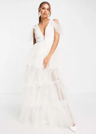 Платье макси из тюля цвета слоновой кости с глубоким вырезом Lace & Beads Bridal-Белый