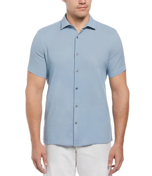 Однотонная тканая рубашка с короткими рукавами Perry Ellis из жатого хлопка, синий