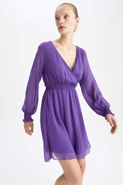 Шифоновое мини-платье с запахом и длинными рукавами DeFacto, фиолетовый