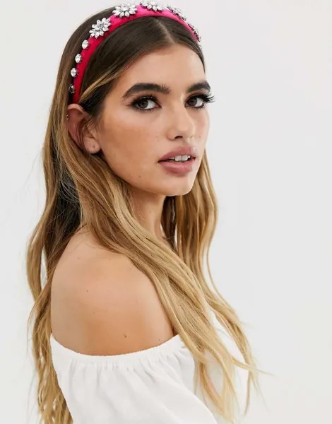 Розовый бархатный ободок со стразами ASOS DESIGN