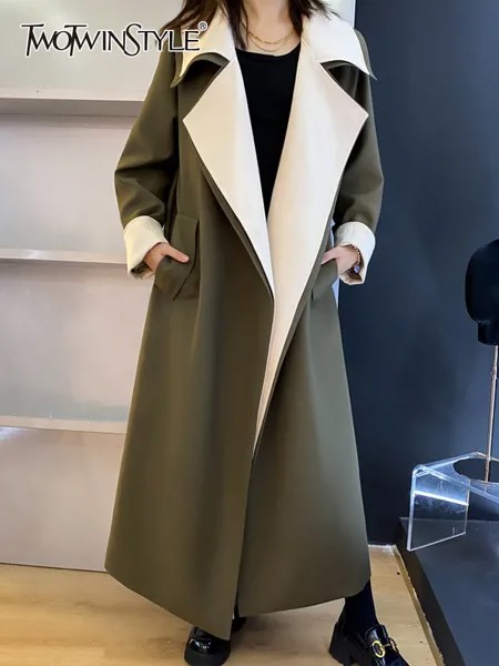 Женский свободный вязаный свитер TWOTWINSTYLE, Повседневный пуловер в стиле пэчворк с длинными рукавами и высоким воротником