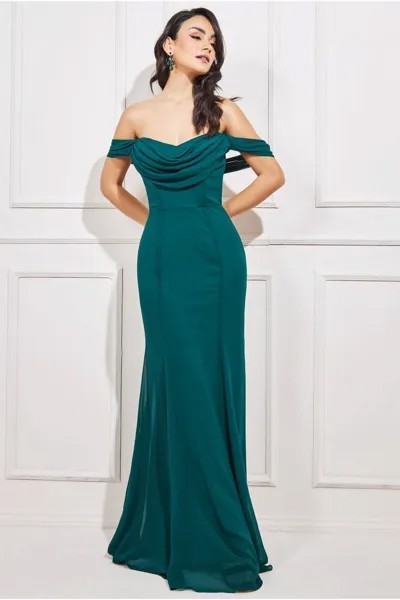 Шифоновое платье макси с глубоким вырезом и открытыми плечами Goddiva, зеленый