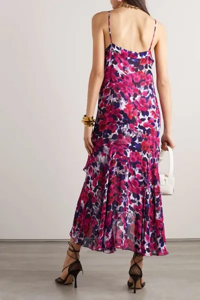 DRIES VAN NOTEN Шифоновое платье миди с оборками и цветочным принтом, ярко-розовый