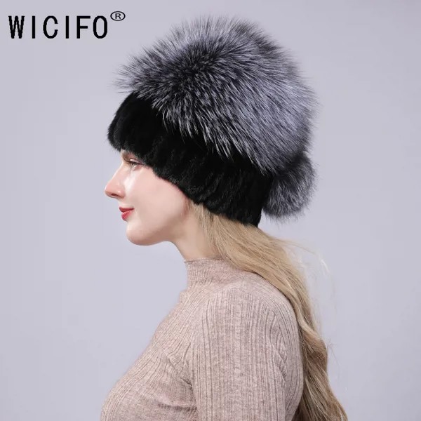 Женская меховая шапка, зимняя шапка из натурального меха норки с цветком из чернобурки, вязанные шапки-бобы