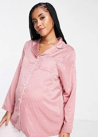 Атласная пижамная рубашка в темно-розовую и кремовую полоску (от комплекта) для будущих мам Loungeable Maternity-Розовый цвет