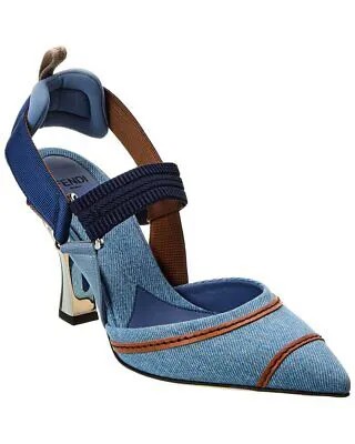 Fendi Colibri Женские туфли-лодочки из ткани и кожи с открытой пяткой, синие 37