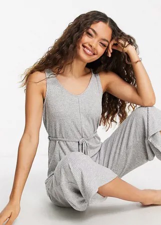 Серый меланжевый супермягкий комбинезон для дома в рубчик с поясом ASOS DESIGN Petite
