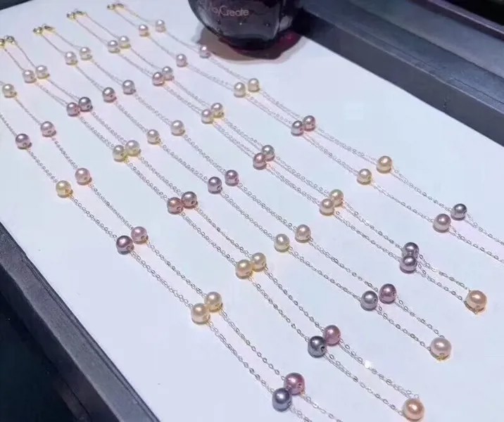 D412 жемчужное ожерелье, хорошее ювелирное изделие, однотонный 18 К золотой натуральный пресноводный 6-7 мм Золотой и фиолетовый жемчуг, ожерелья для женщин, подарки