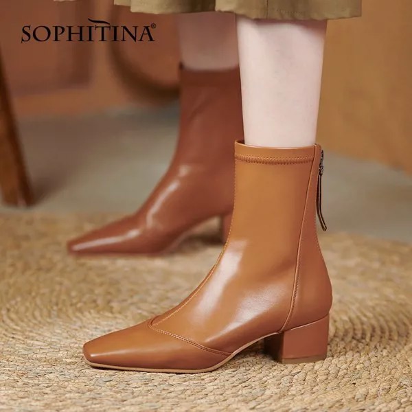 Женские ботинки в стиле ретро SOPHITINA, маленький квадратный носок, толстый каблук, эластичные, молния сзади, плюшевые теплые полусапожки, WO970