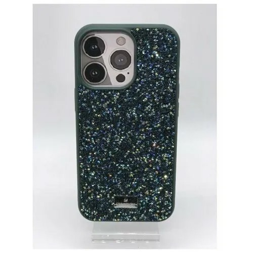 Чехол Сваровски (Swarovski) на айфон 13 Pro, силиконовый со старазами, темно-синий