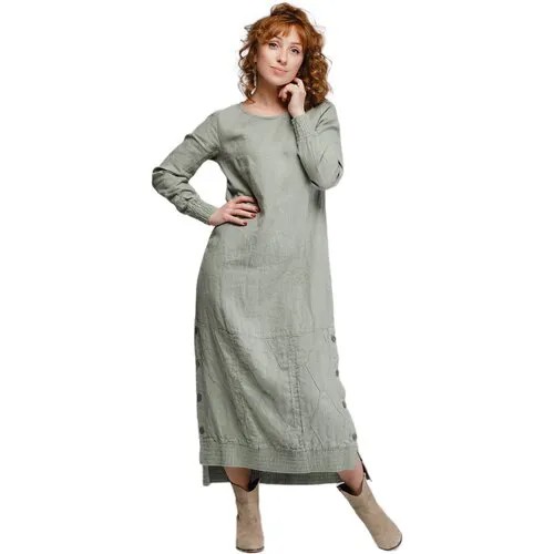 Платье Kayros, лен, прямой силуэт, макси, карманы, размер 44-46, зеленый