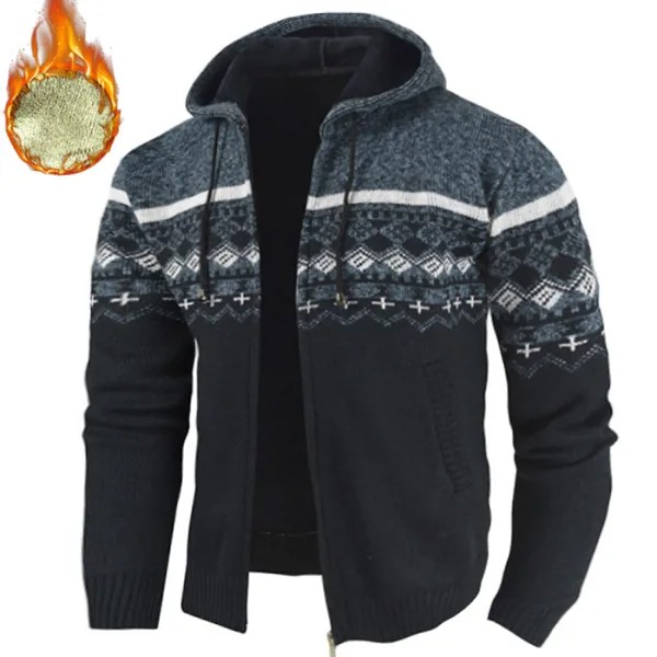 Мужской этнический вязаный теплый свитер с капюшоном и полной молнией