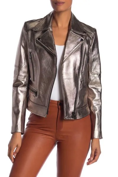 VERONICA BEARD Байкерская кожаная куртка MICA с молнией спереди серебристого цвета и металликом 0 XS