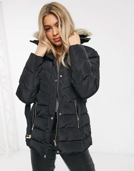 Дутое пальто с поясом и искусственным мехом на капюшоне AX Paris-Черный