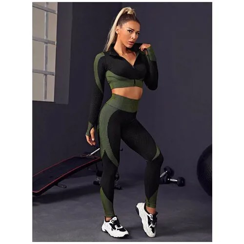 Спортивный костюм/Костюм для фитнеса/Костюм для йоги/Тайтсы+Рашгард+Топ, (размер L)